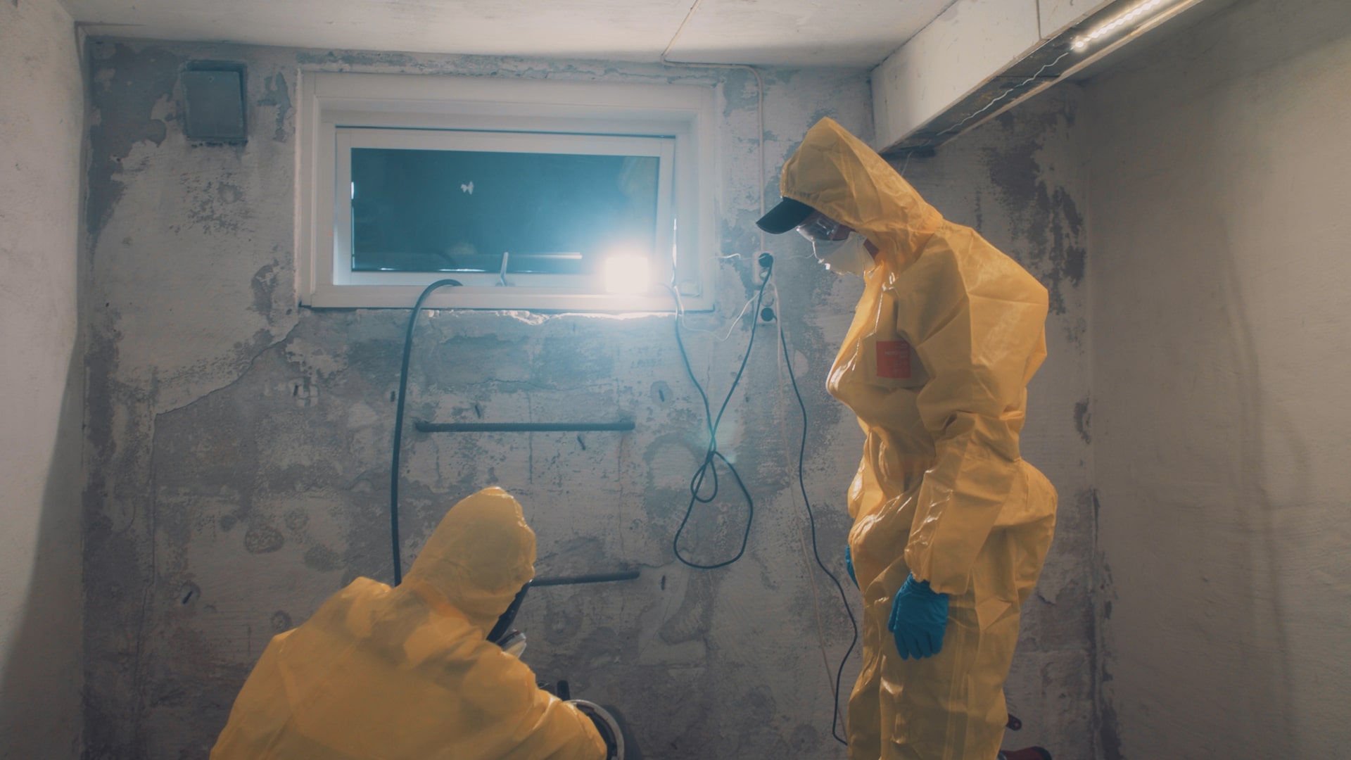 To rørfornyingsoperatører iført gul vernedress for å beskytte seg mot kjemikalier som epoxy.